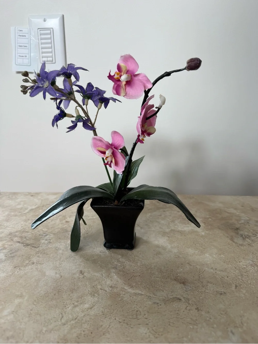 Pink and Purple Faux Orchid Arrangement in Black Planter